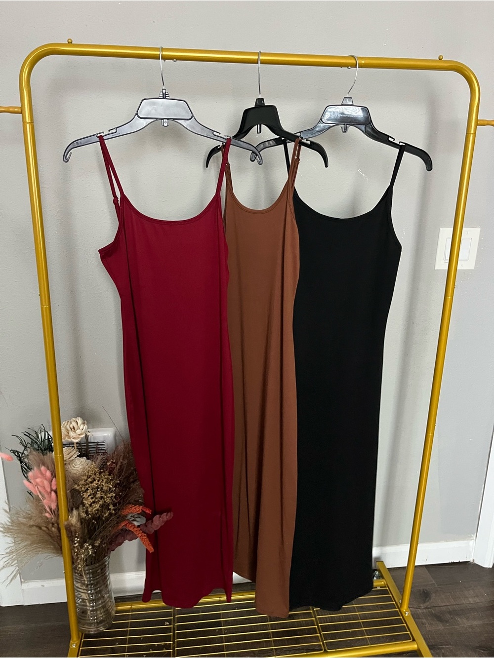 Bundle of 3 Maxi Slip Dresses | Burgundy, Brown & Black